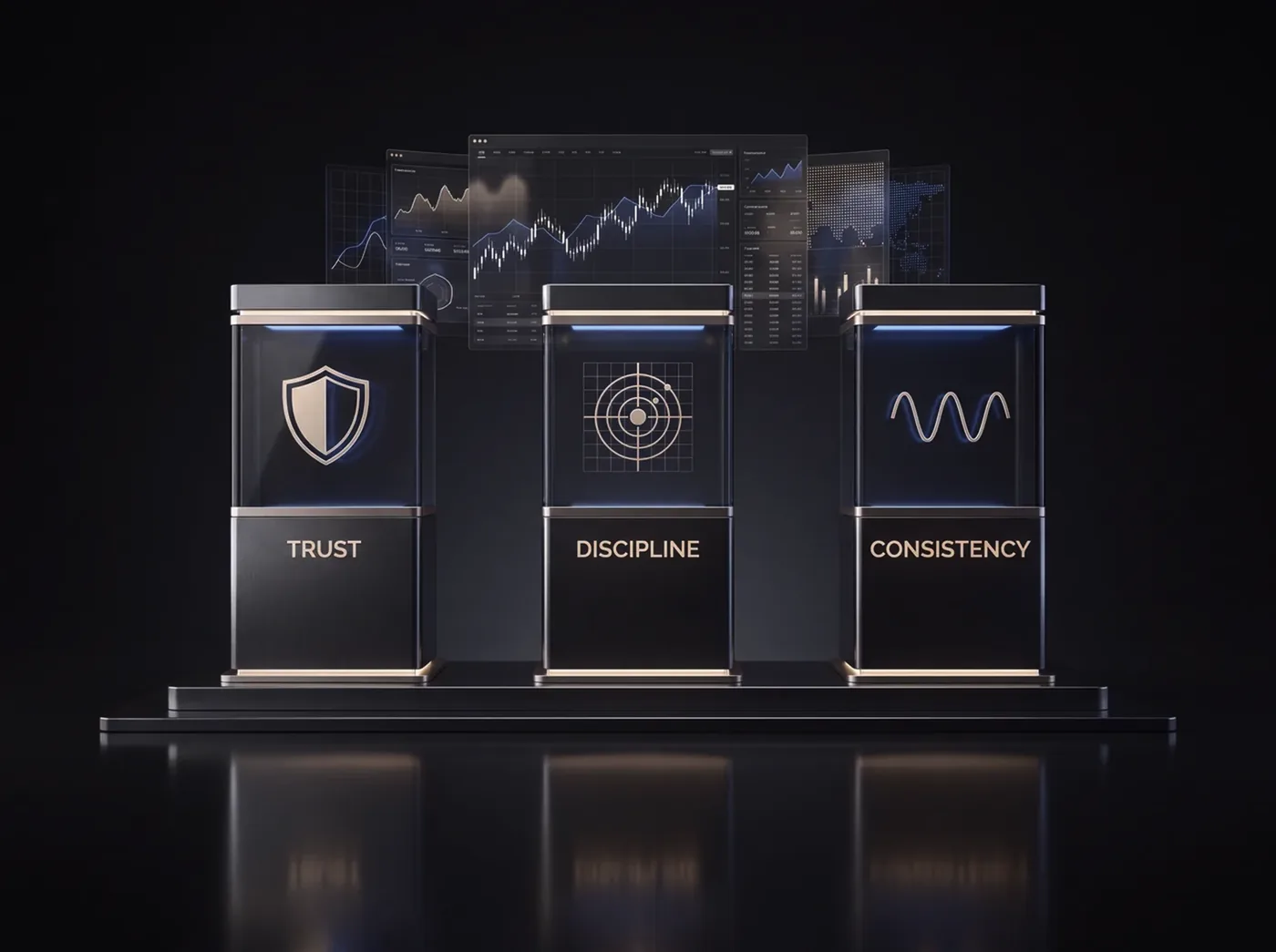 Three lit plinths labelled Trust, Discipline and Consistency, standing in front of trading screens
