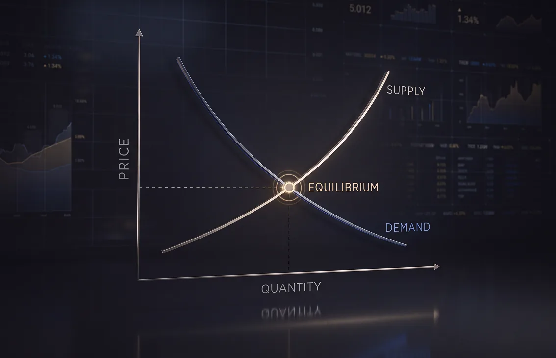 A supply and demand chart, the two curves meeting at a marked equilibrium point