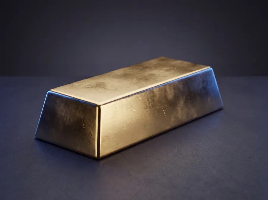 A gold bar resting on a dark surface