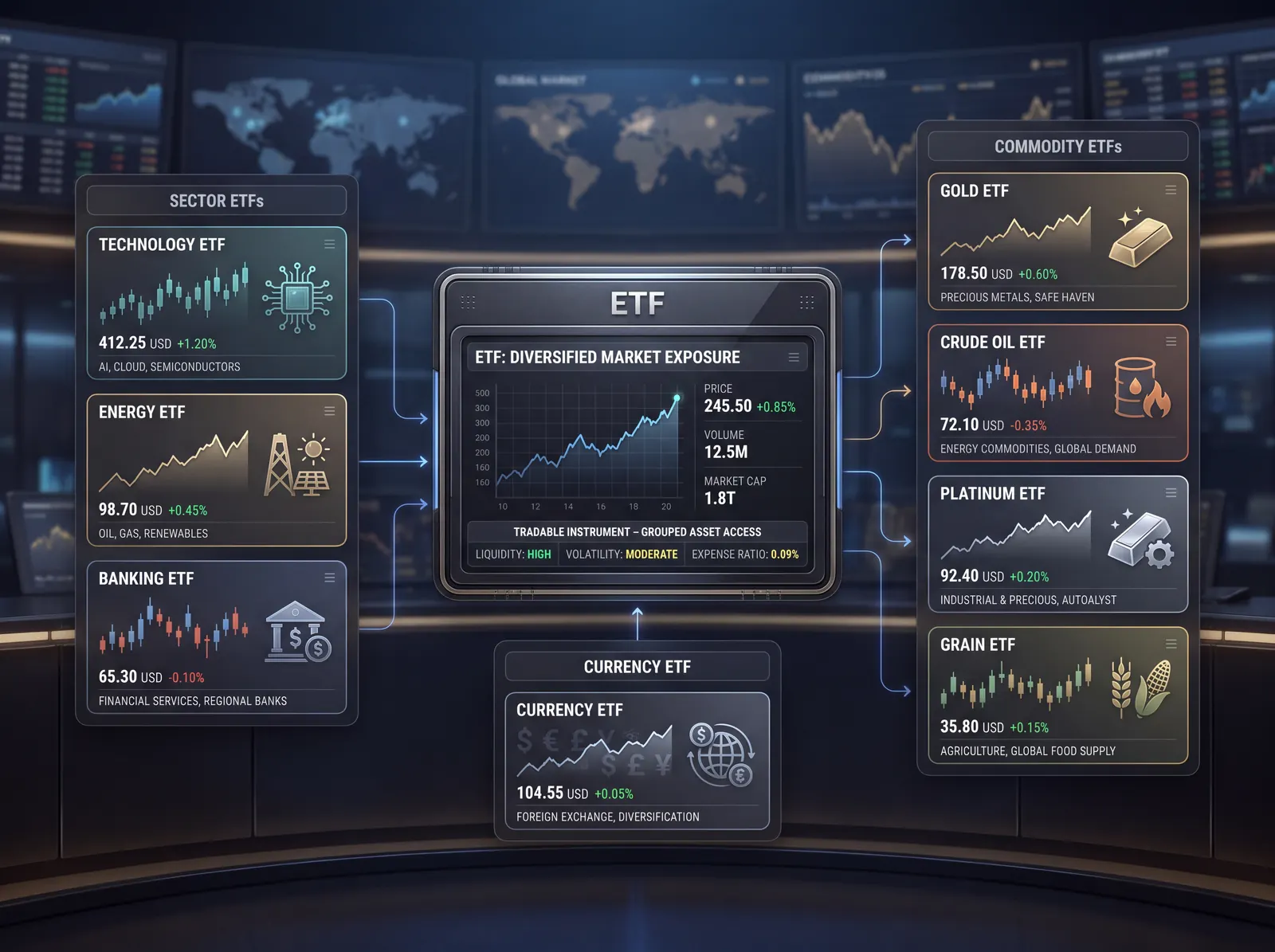 A trading floor display with an ETF panel at the centre, fed by grouped sector, currency and commodity ETF cards around it