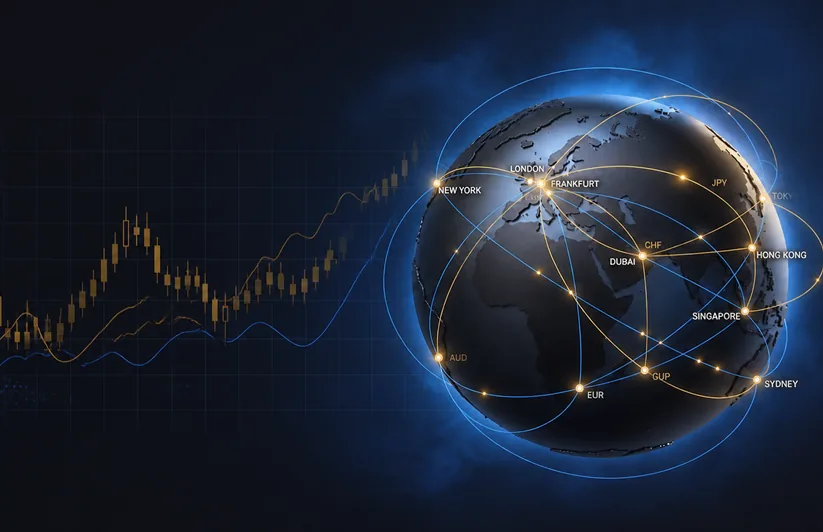 A globe with the major financial centres marked and lit routes running between them, beside a candlestick chart