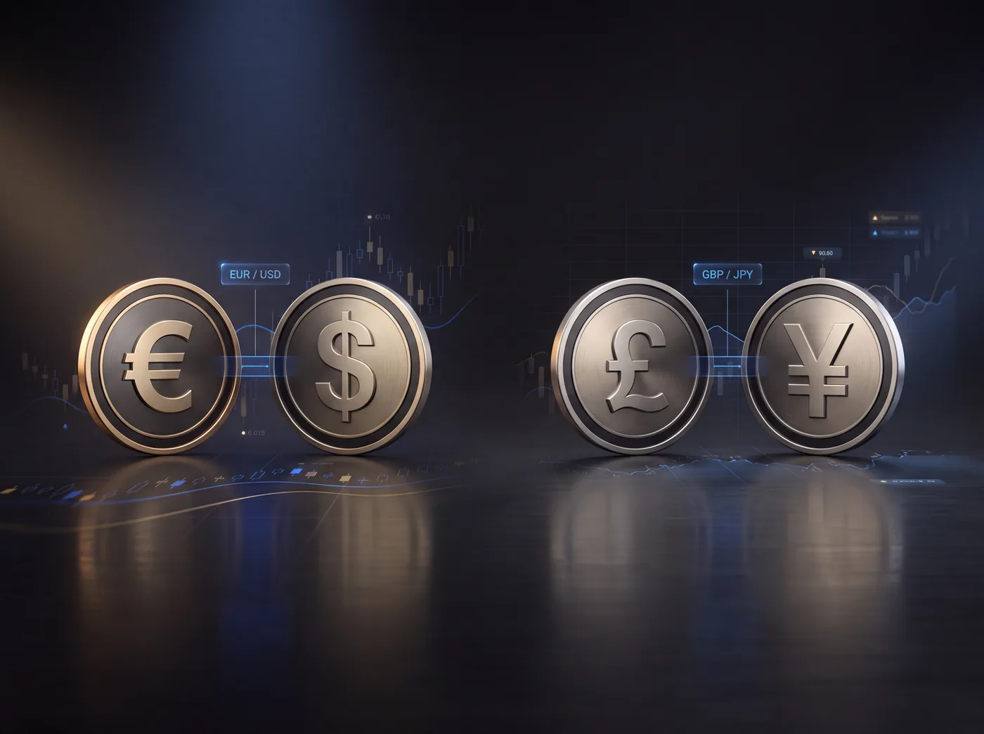 Two pairs of currency coins — euro against dollar, pound against yen — labelled and lit in front of a candlestick chart
