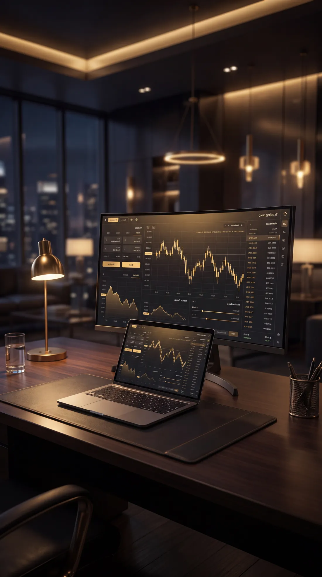 The trading platform open on a desktop monitor and laptop in a low-lit office at night