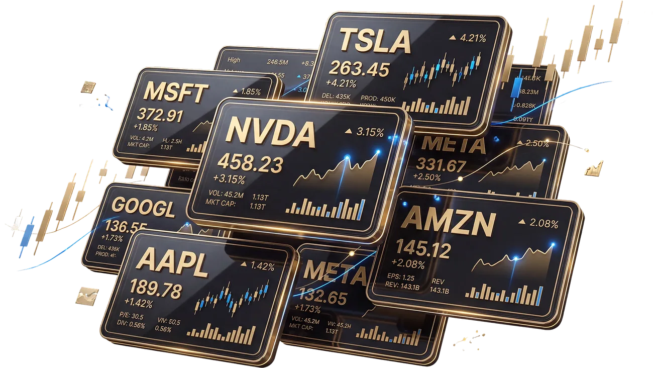 A fanned stack of illustrative stock tiles, each showing a ticker, a price and a small chart