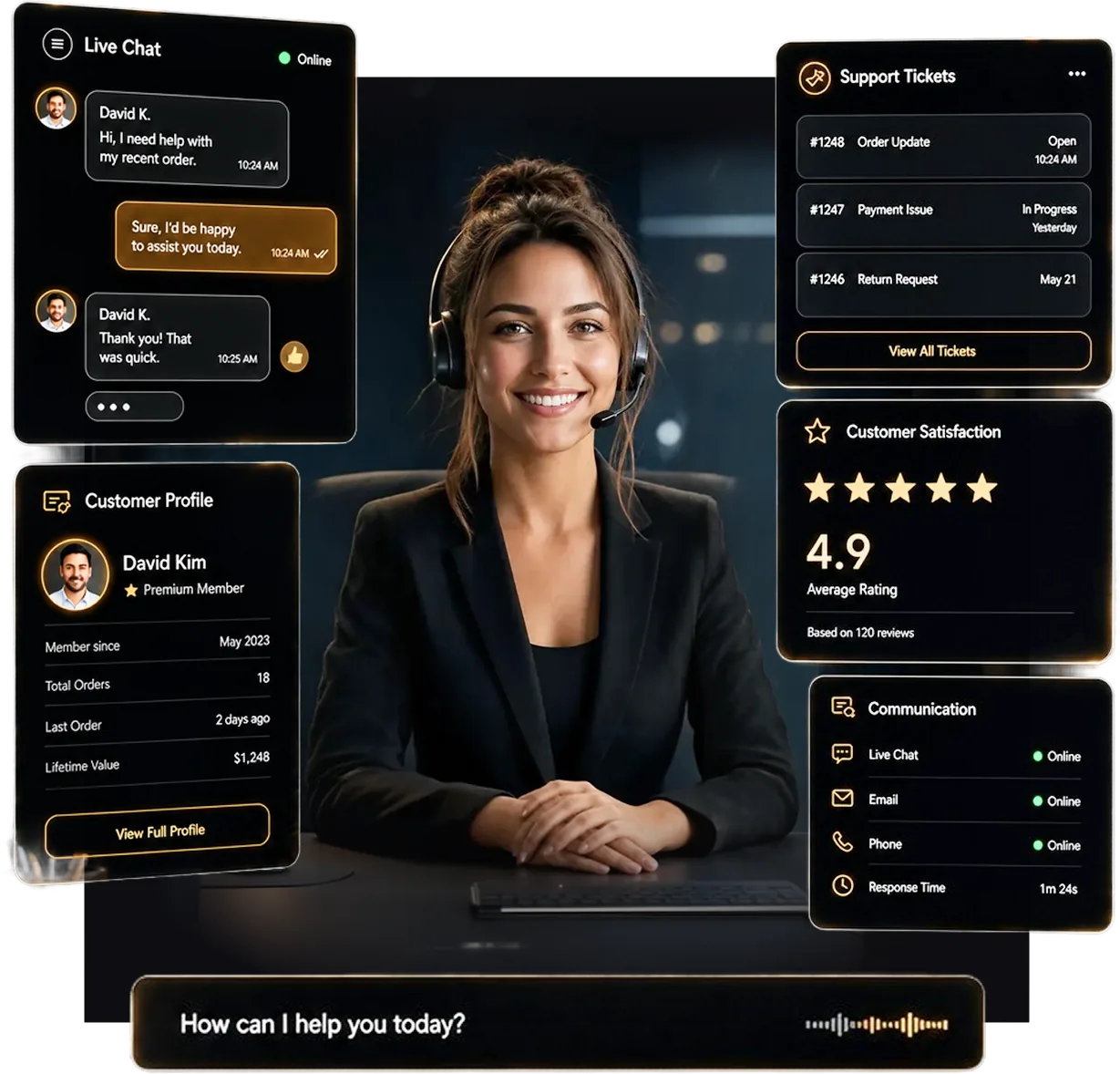 A support agent at a desk, surrounded by live chat, ticket and customer-satisfaction panels